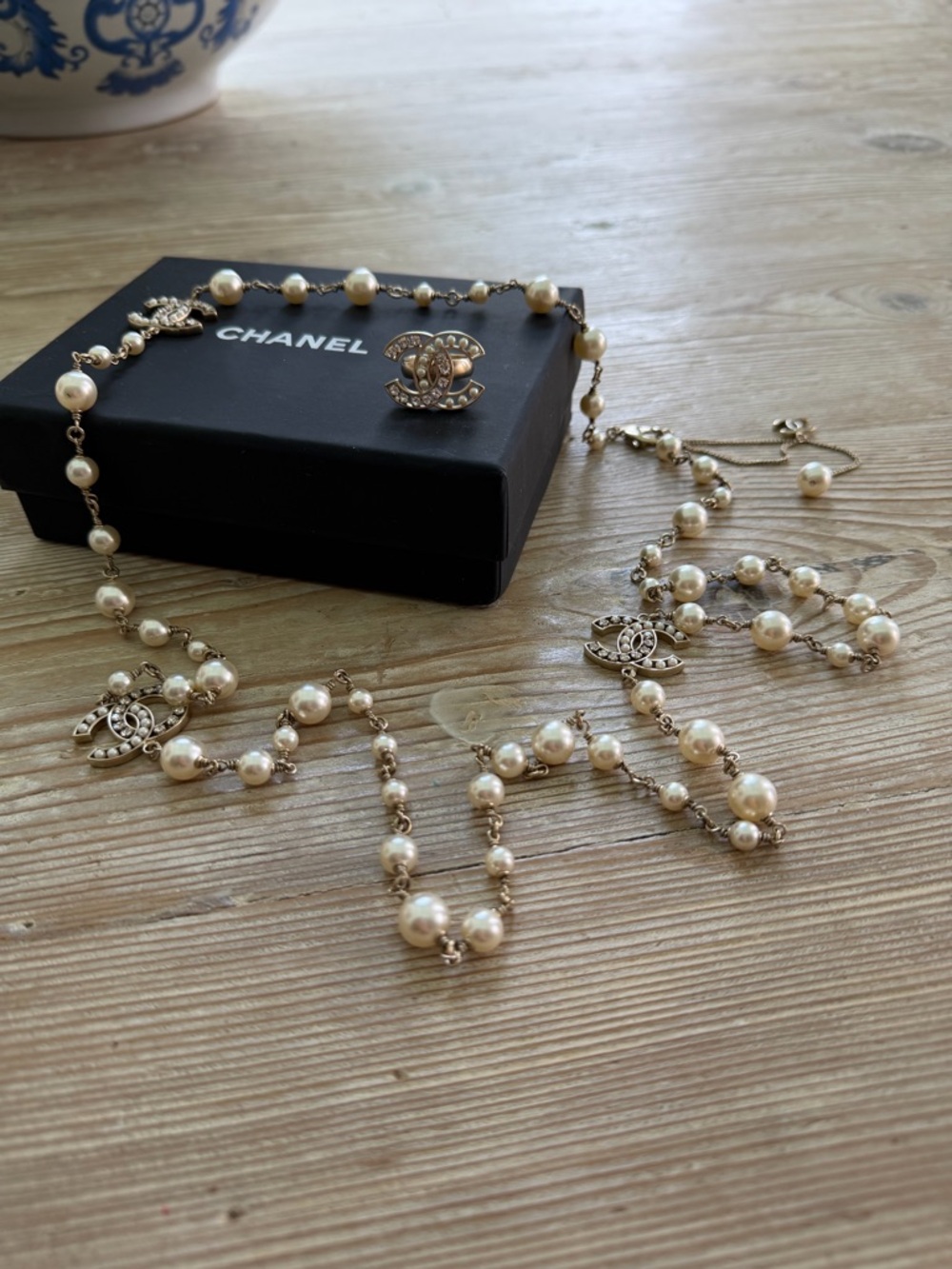 CHANEL Gold-Tone and Ivory Pearl CC Medallion Long Necklace w/ Matching Ring.